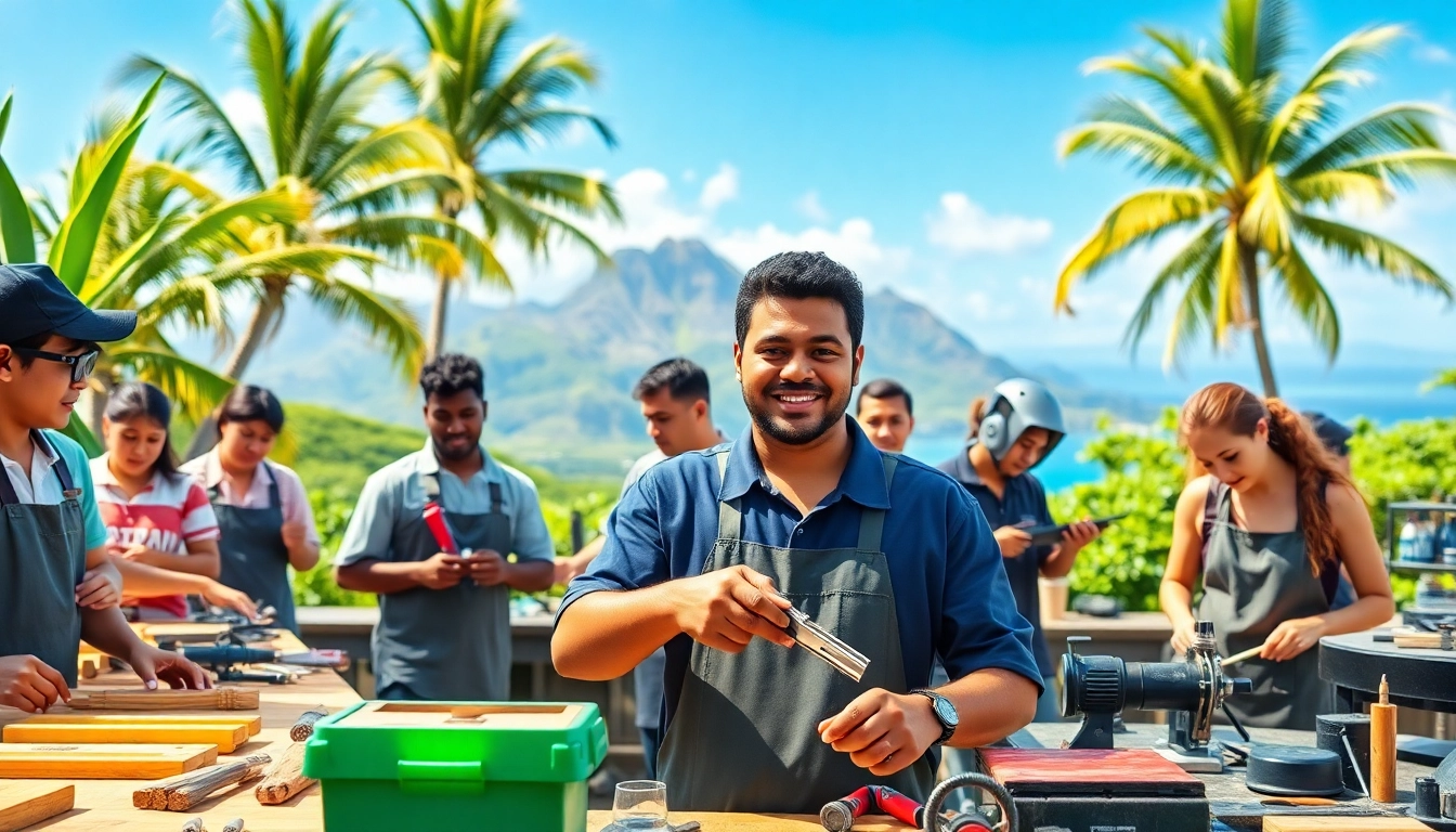 Students at hawaii trade schools actively pursuing hands-on vocational training in a scenic environment.