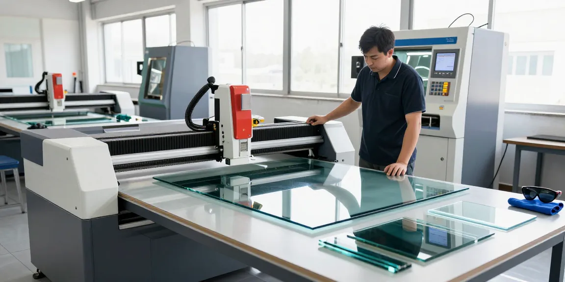 Technician operating a glass cutting machine in a modern workshop