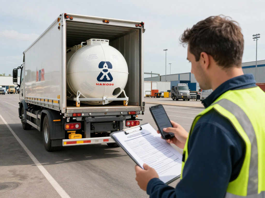ADR Transport in Dortmund mit einem Sicherheitsinspektor und einem ADR-fähigen Fahrzeug, das gefährliche Materialien transportiert.