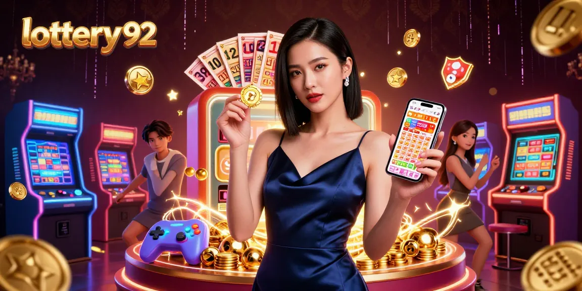 Win big with lottery 92 as an Asian woman confidently holds her smartphone displaying exciting game features.