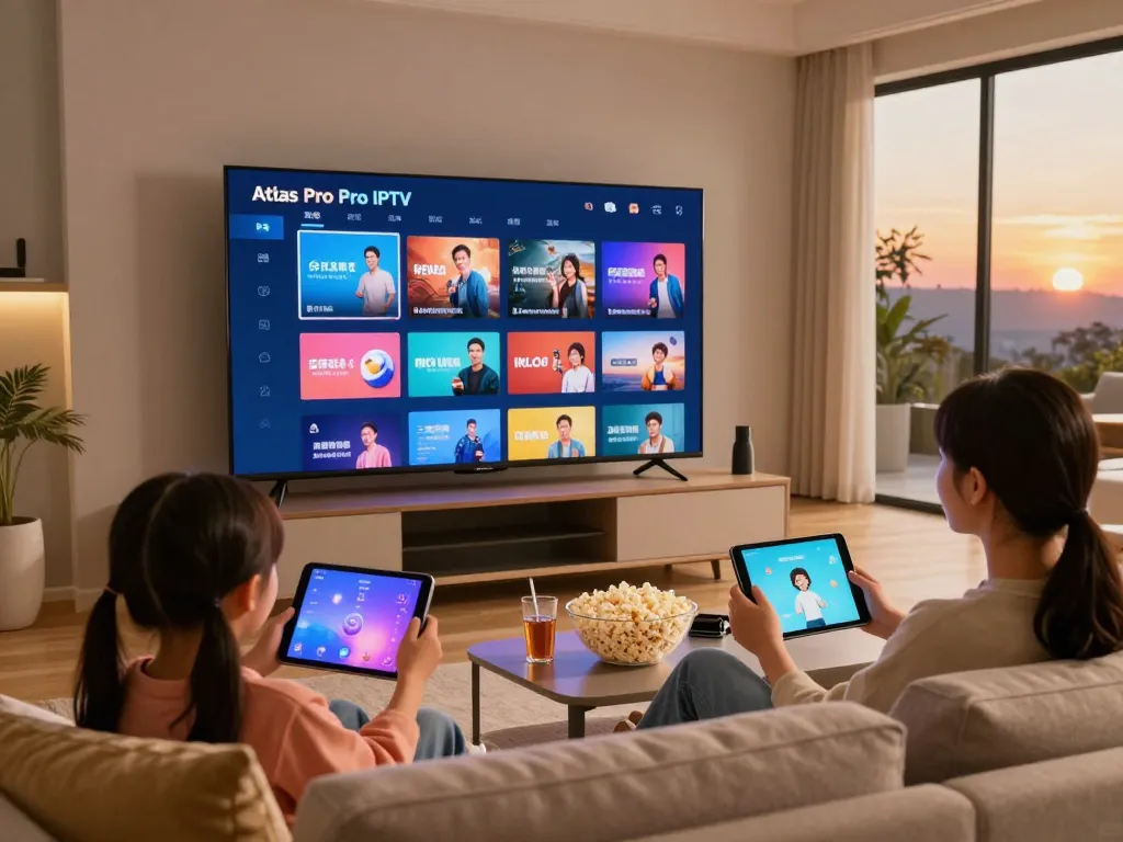 Famille profitant d'Atlas Pro IPTV sur une télé intelligente dans un salon confortable.