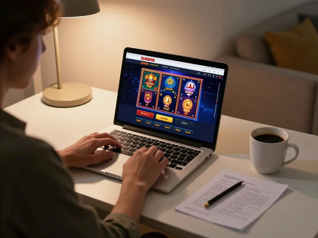 SUNWIN user engaging with online casino games on laptop in a cozy home setting