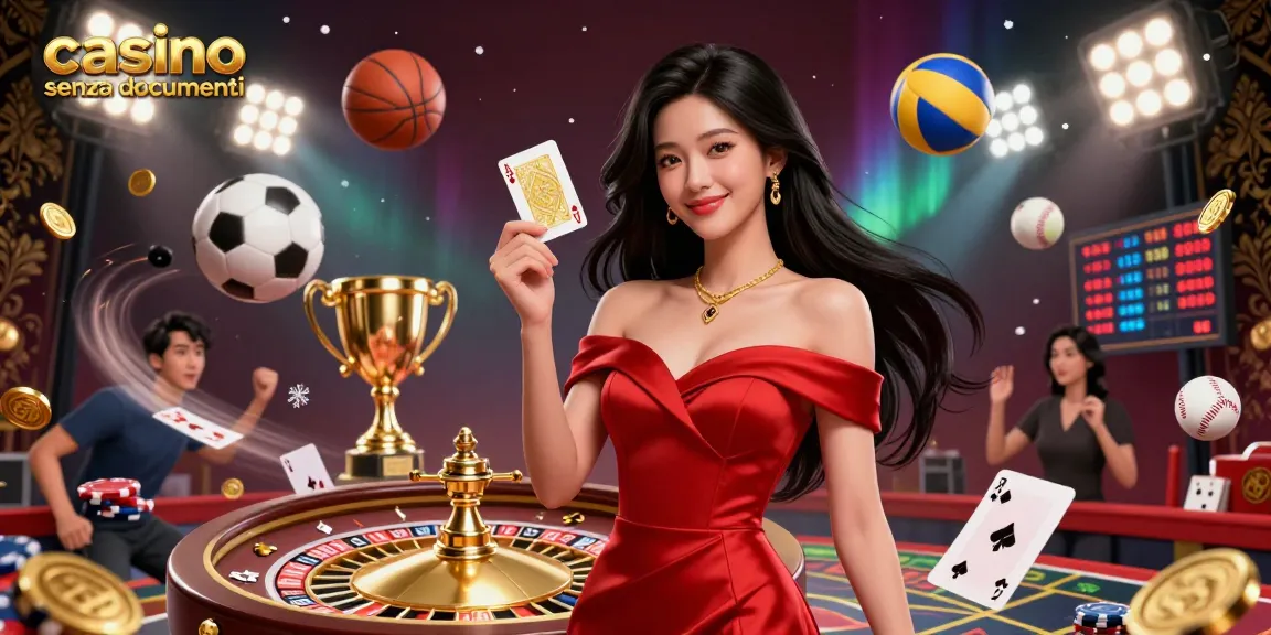 Partecipa all'esperienza del casino senza documenti con la nostra straordinaria scena illustrata che mostra una bellissima donna e una ruota della roulette.