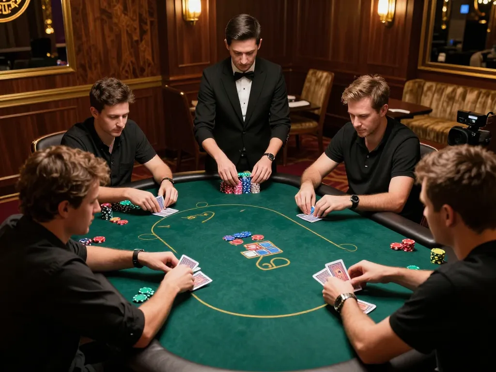 MAY88 showcases a thrilling poker game in a luxury casino with intense gameplay and focused players.