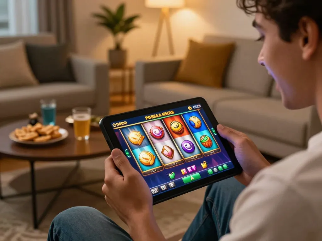 Engaged player enjoying slot dep sit pulsa game on mobile device at home.