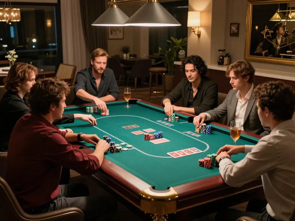 Players enjoying a thrilling game of poker at QH88go's exclusive private room, showcasing thrilling card strategies.