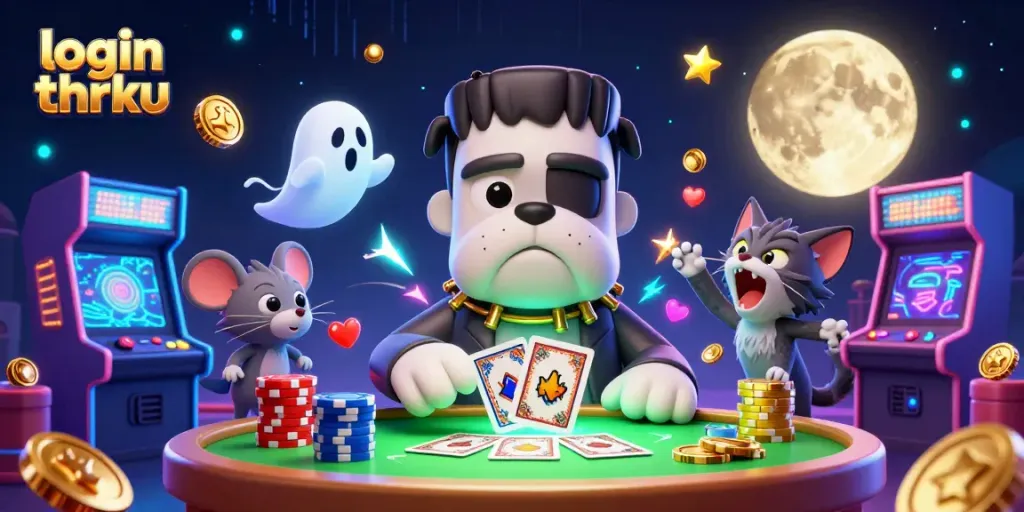 Play exciting games at login thrku while encountering unique characters and vibrant casino elements in this artistic illustration.