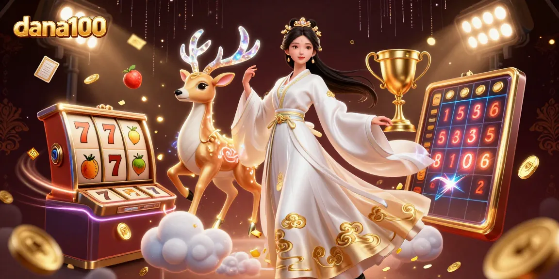 Dana100 offers a dynamic casino experience with unique slot reels and lively character illustrations.
