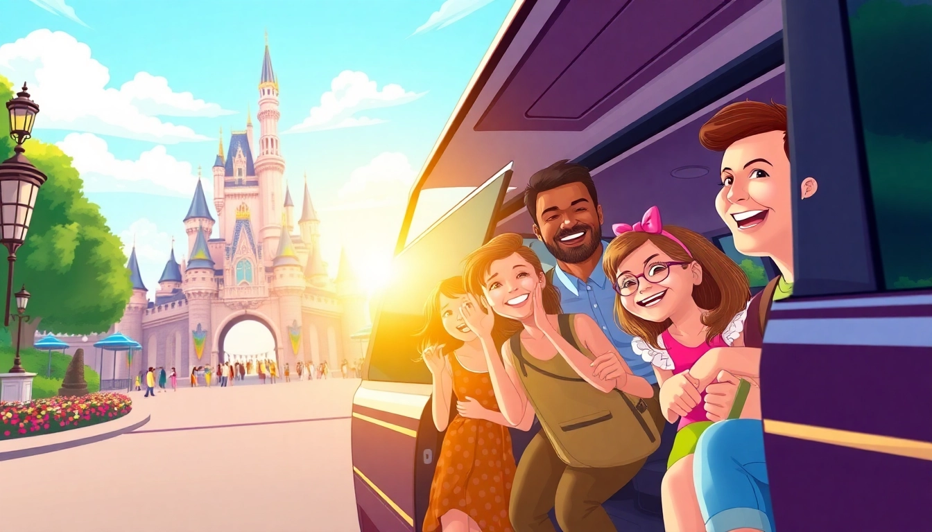 Families enjoying Disneyland Paris airport transfer services with excitement at the park entrance.