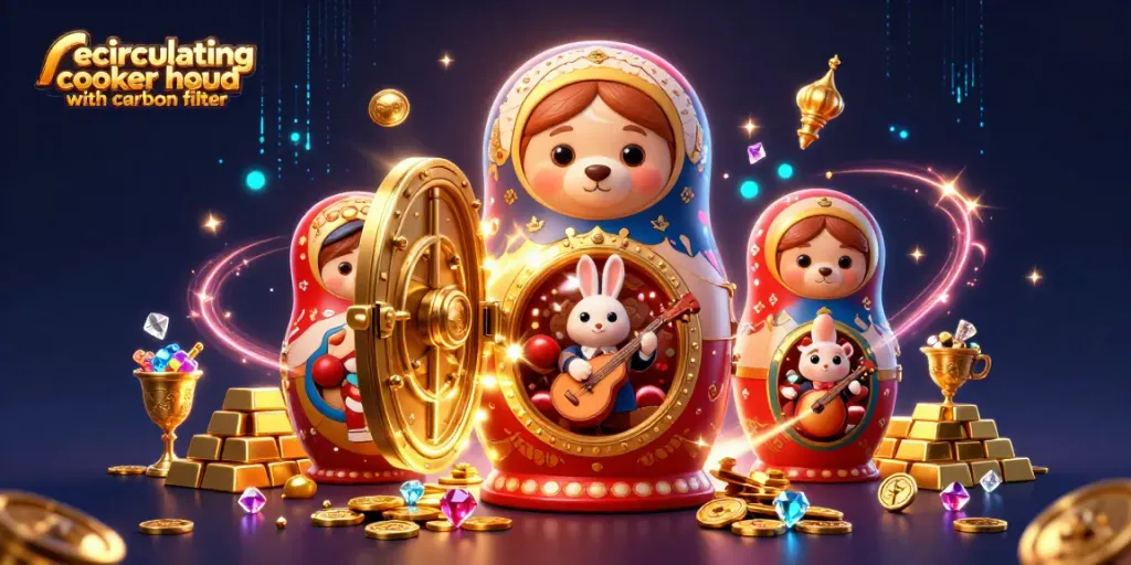 Engage in thrilling games with a recirculating cooker hood with carbon filter-inspired casino scene, featuring playful bears and gems.