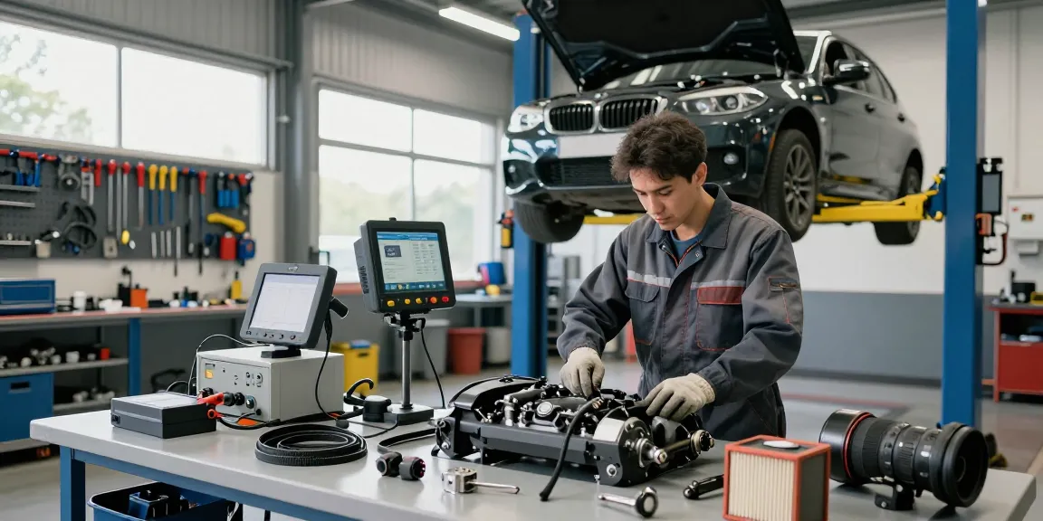 Professioneller Mechaniker bei der Arbeit in der BMW Werkstatt Hannover mit Fokus auf Motorinspektion und hochwertigen Werkzeugen.
