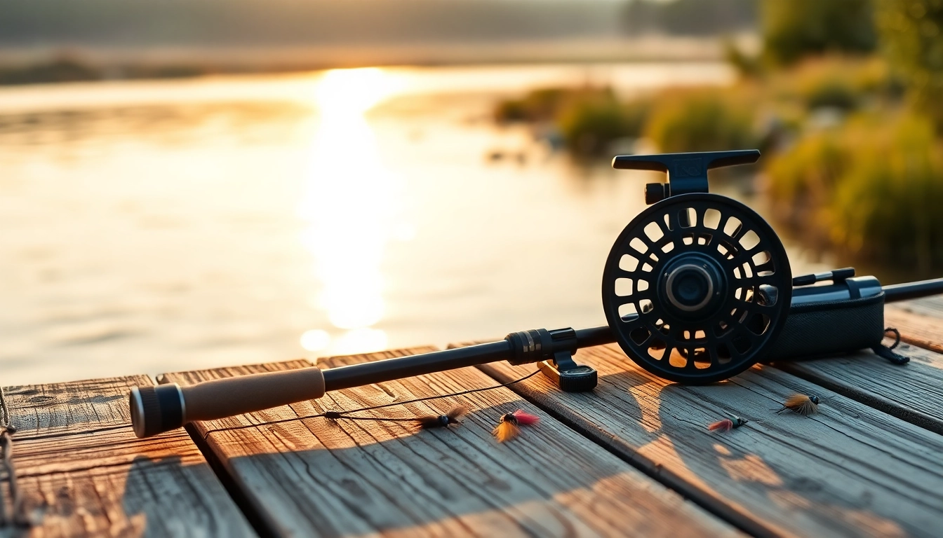Showcasing a fly fishing combo on a picturesque river dock at sunrise, highlighting quality and serenity.