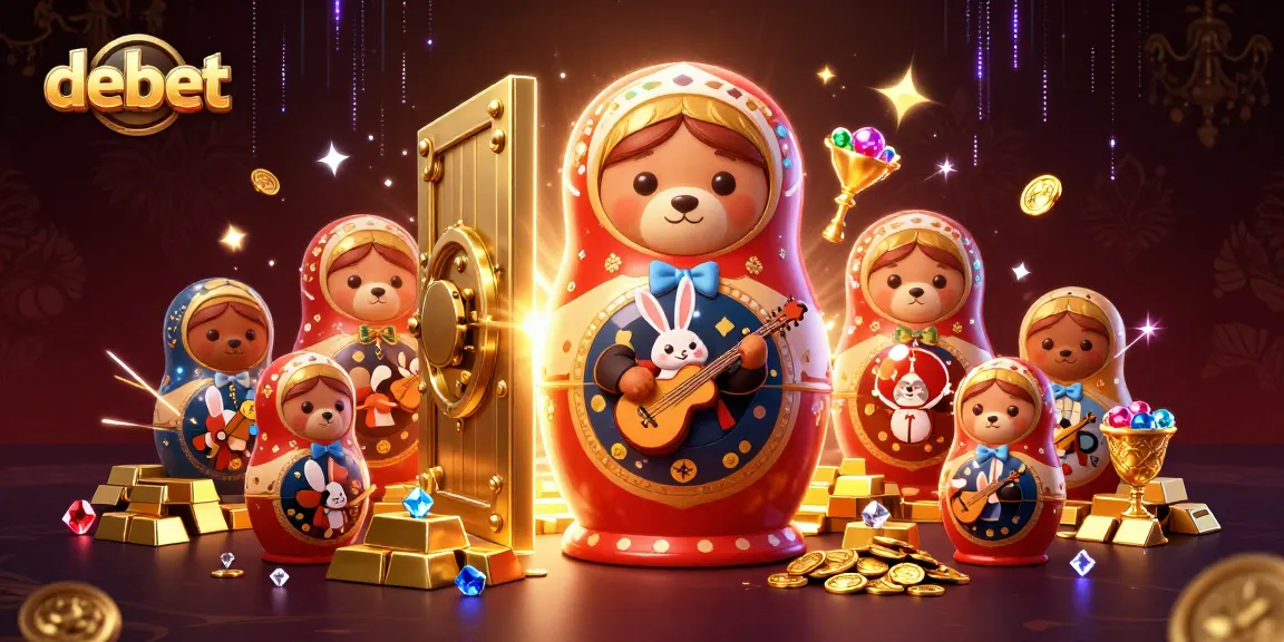 Experience debet thrills with a vibrant 3D scene featuring a Matryoshka bear and casino dealers.