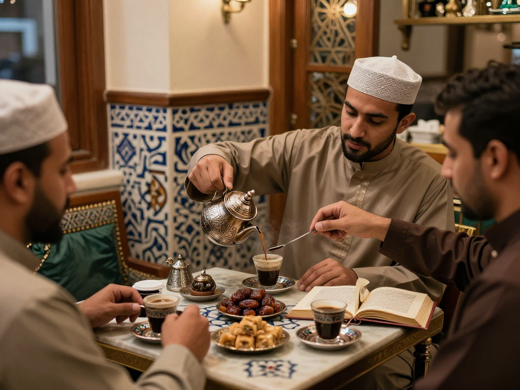قهوجي وصبابين يصب القهوة في مقهى عربي تقليدي بأجواء دافئة