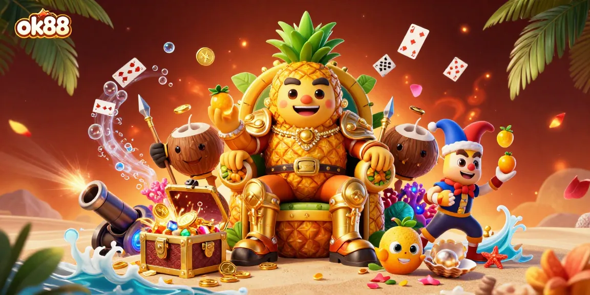 Experience excitement with ok88 in a vibrant beach casino scene featuring a golden pineapple king and dynamic game elements.