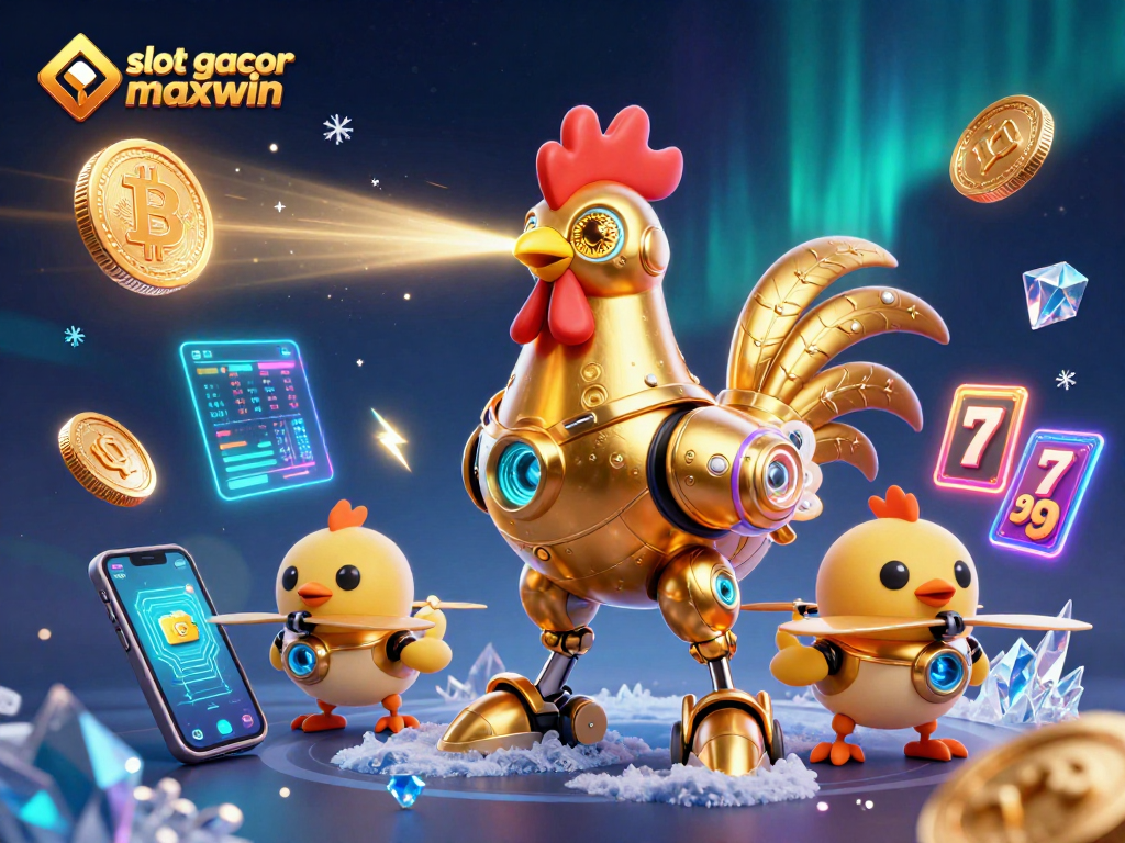 Gambarkan slot gacor maxwin dengan robot ayam emas dan drone anak-anak, diisi elemen kasino.