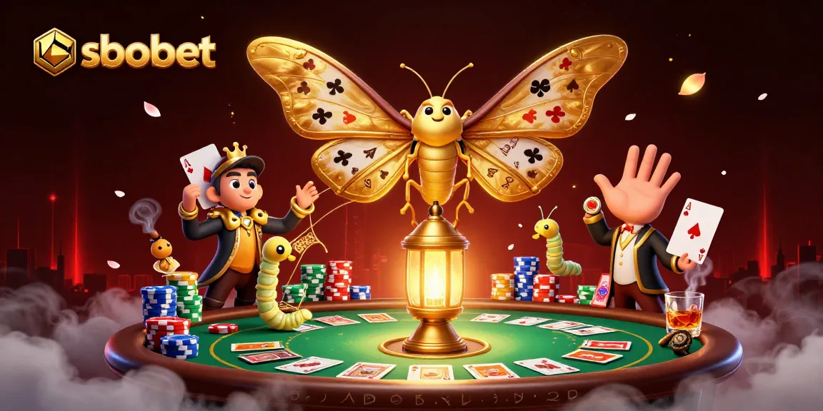 Experience thrilling sbobet casino action with the vivid 3D illustration featuring poker and golden moth intricacies.