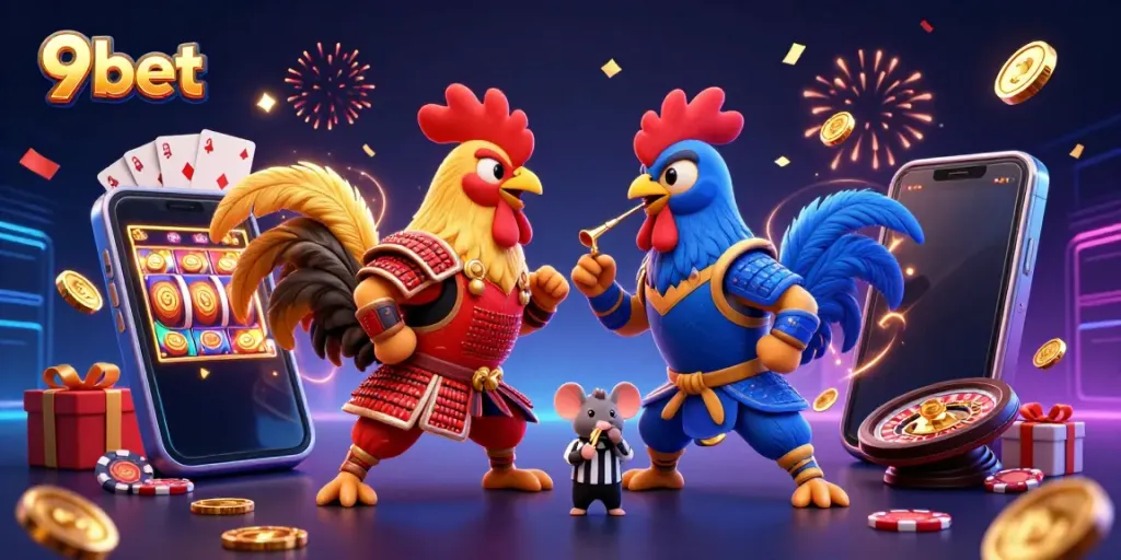 Experience thrilling action combat with 9bet's colorful gambling scene featuring unique rooster characters.