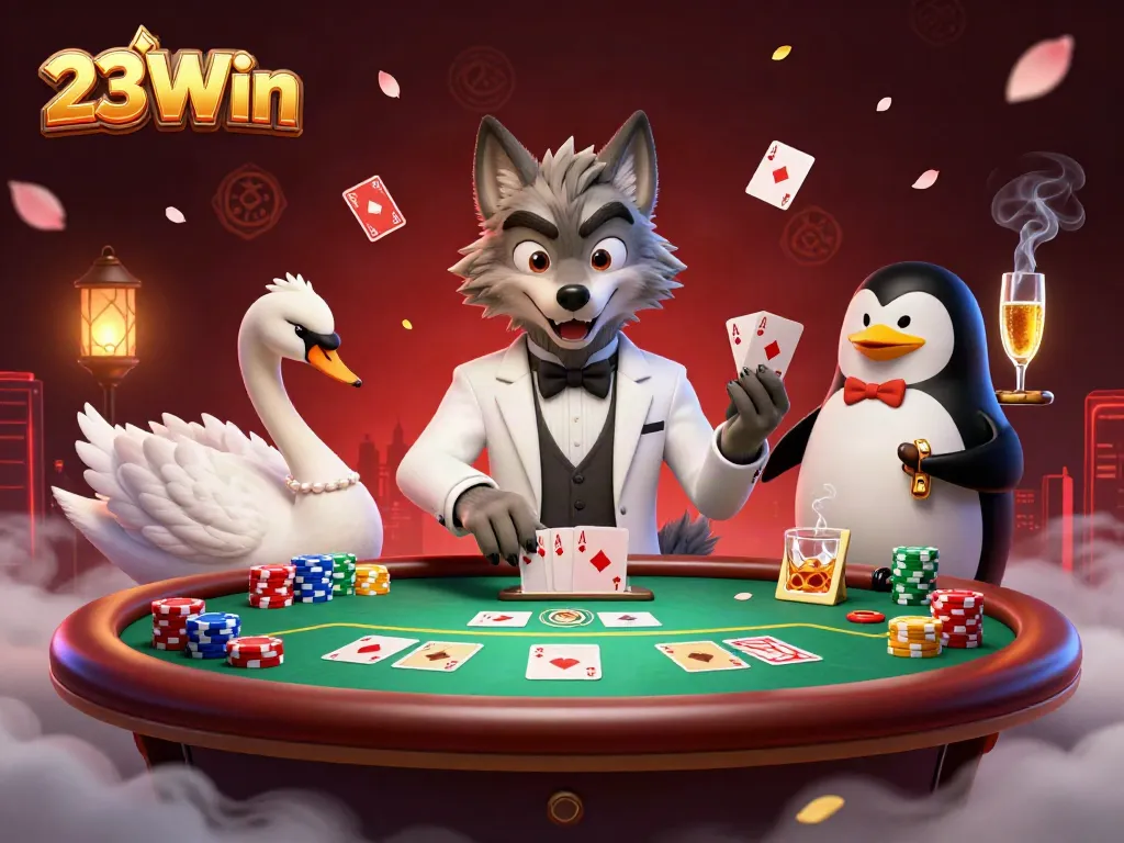 Engage with lively gameplay at 23Win featuring a charismatic wolf, elegant swan, and penguin sommelier.