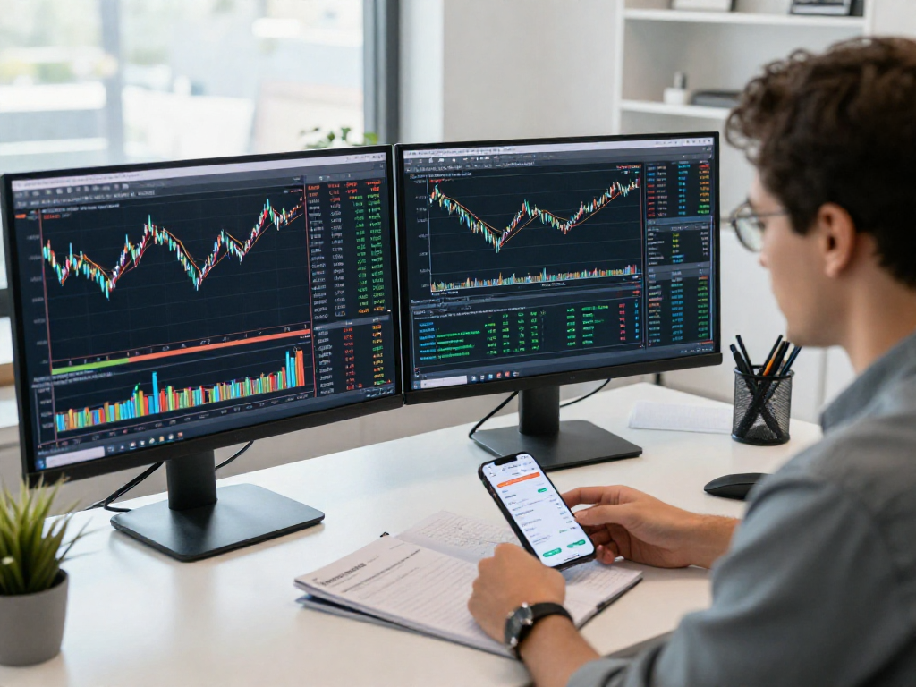 在现代化交易工作环境中，用户使用TradingView分析股票和加密货币数据，显示多种技术指标和实时图表