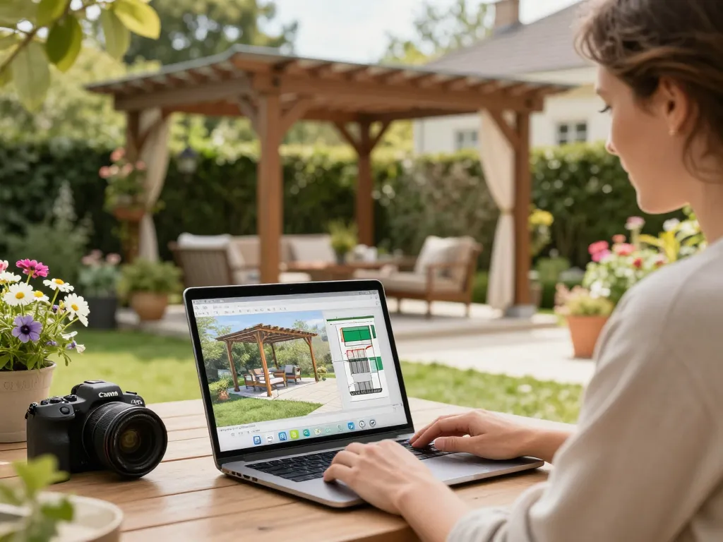 Conception d'une pergola personnalisée à l'aide du logiciel configurateur pergola dans un jardin vibrant.