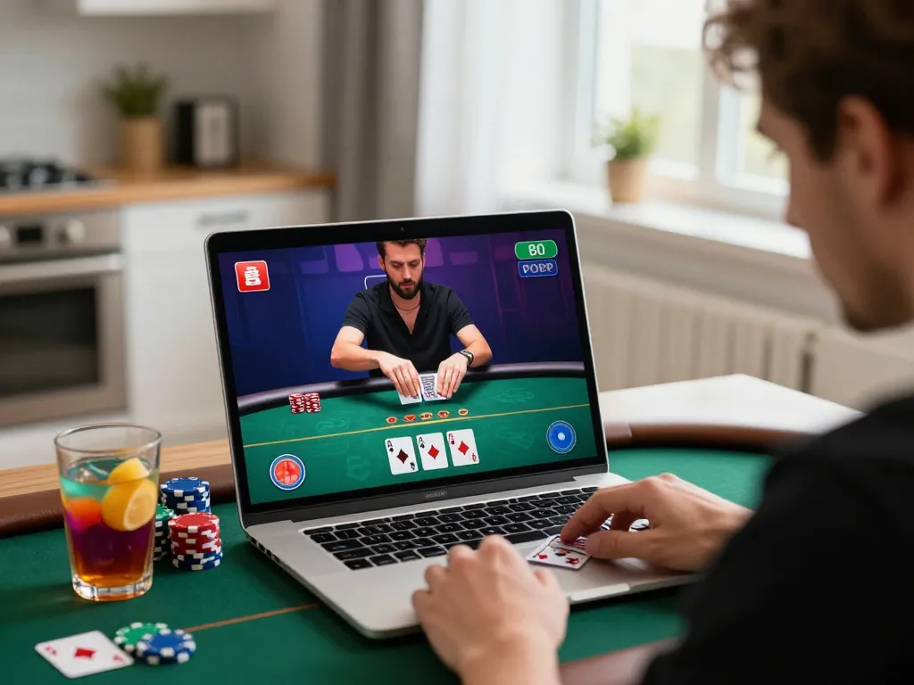 Engaging poker game featuring slot depo 4k on a laptop, capturing intense gameplay in a cozy home.