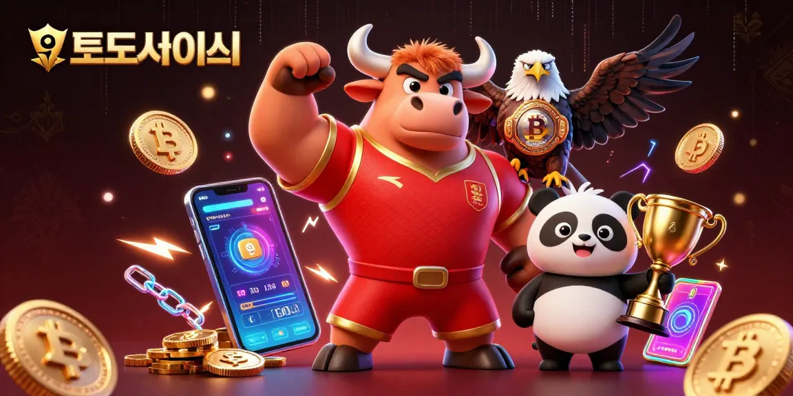 Engage with 토토사이트 through vibrant 3D illustration showcasing a victorious bull mascot and friends amid crypto elements.