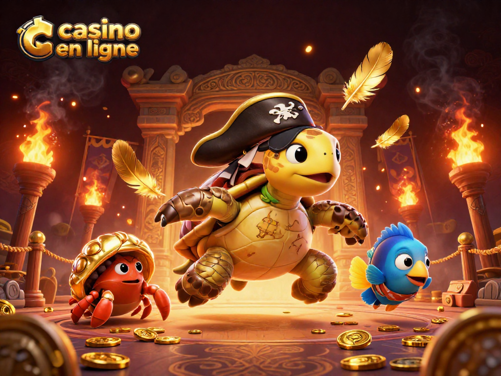 Explorez le casino en ligne avec une tortue pirate et un crabe au trésor dans une scène animée.