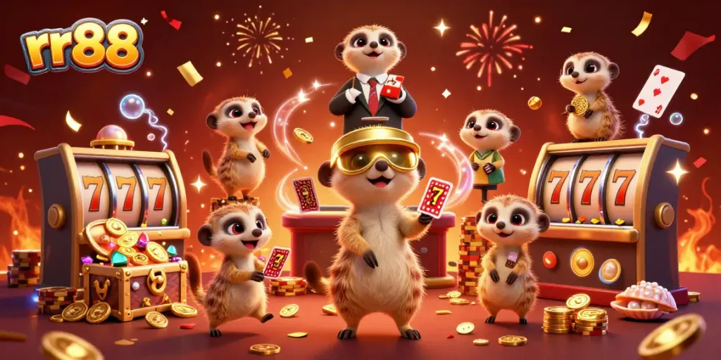 Engage in thrilling casino action with rr88 as cartoon meerkats take charge of a vibrant gaming scene.