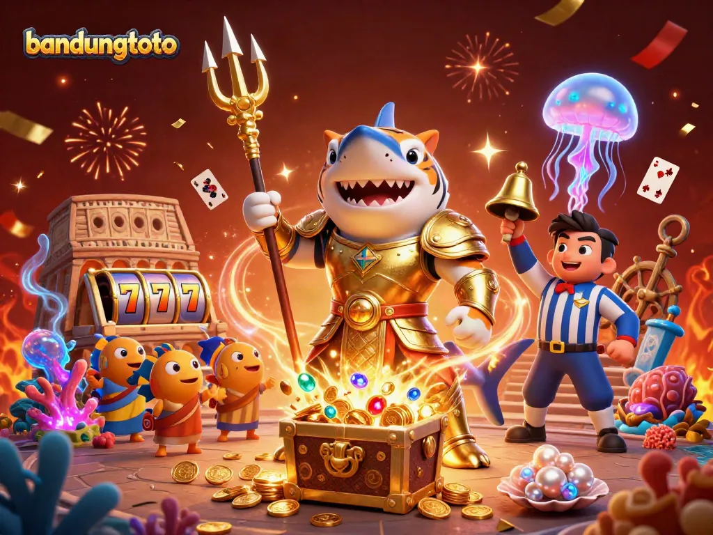 Experience the excitement of bandungtoto with a vibrant underwater casino scene featuring a golden shark gladiator.