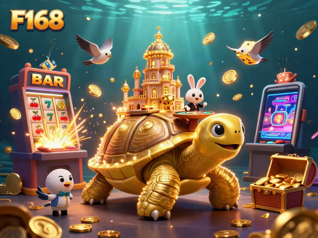 Experience the thrills of F168 with a vibrant 3D casino scene featuring golden tortoise and jackpot.