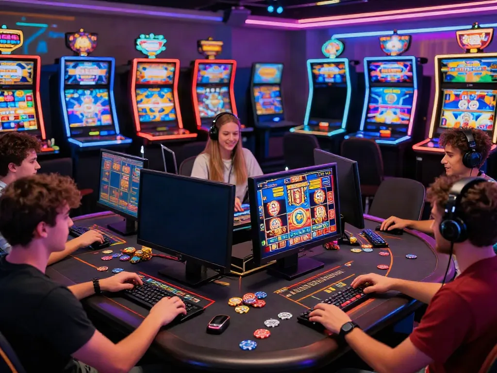 Engaged players enjoying slot Thailand games on smartphones and desktops in a modern gaming environment.