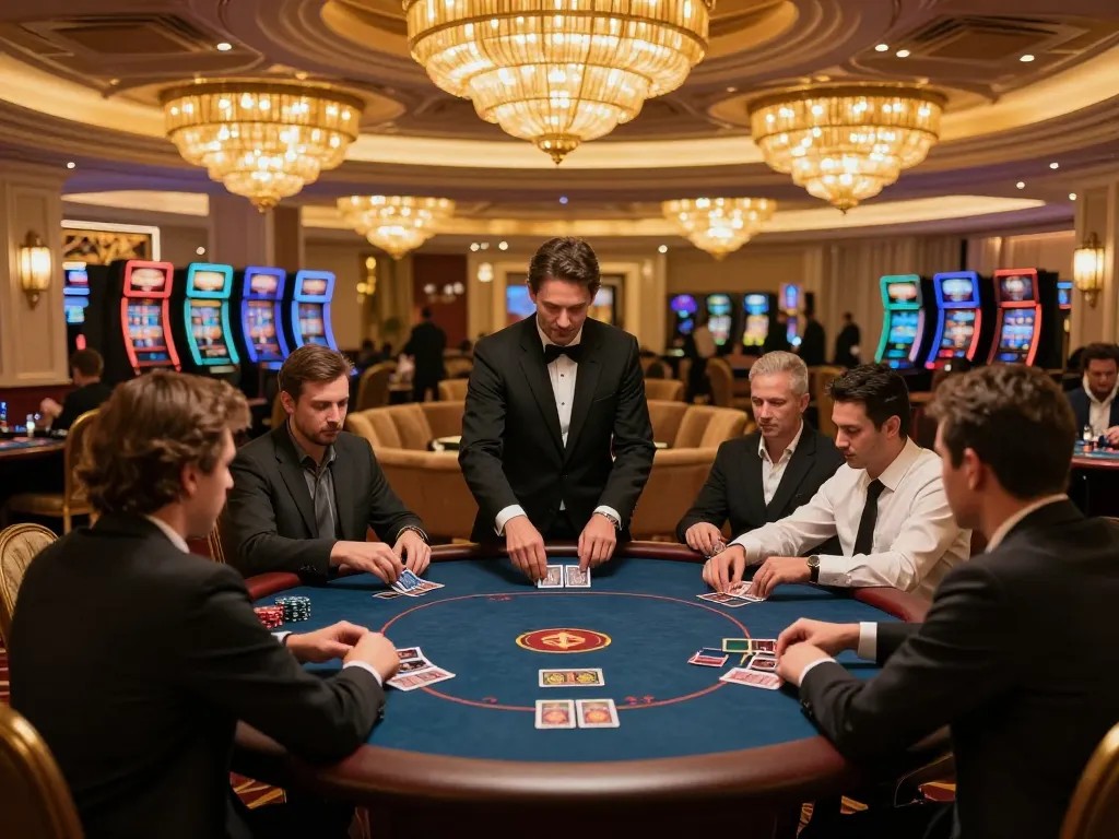 Engaged players at iwin sòng bạc thượng lưu in high-stakes poker game with dealer distributing cards.