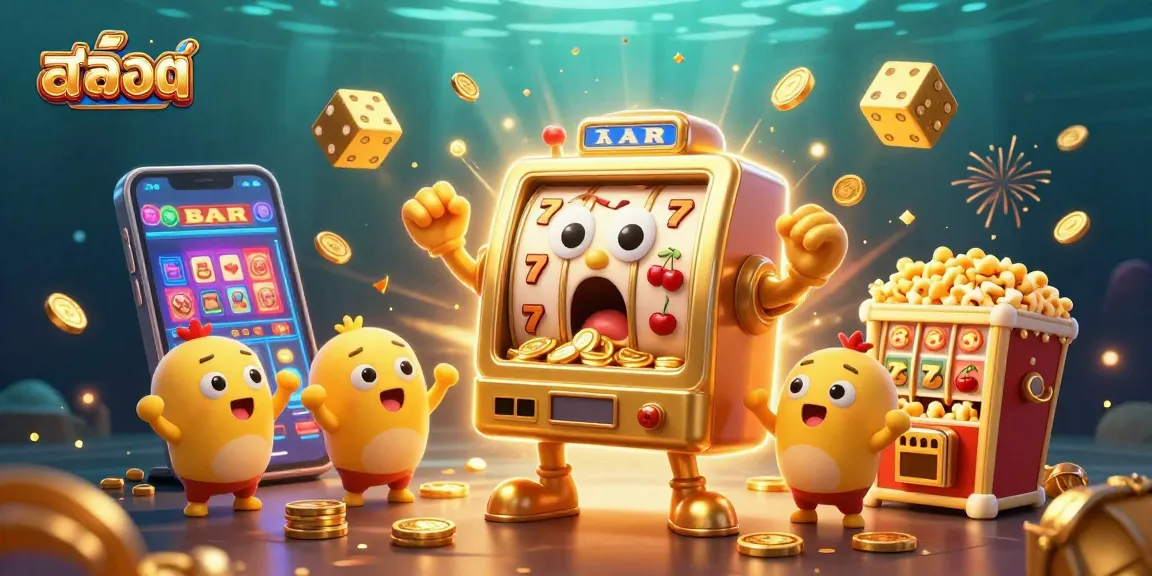 Experience thrilling winnings with สล็อต in a vibrant casino scene filled with joyful slot characters.