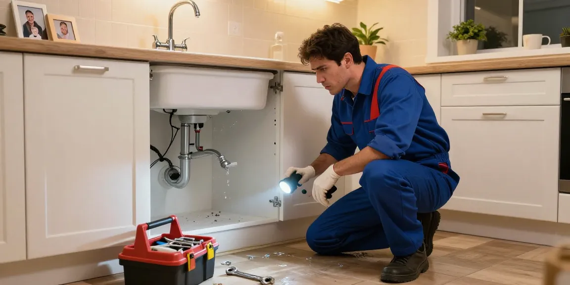 Emergency plumber in Sandy fixing a water leak under a kitchen sink, showcasing urgent plumbing assistance.
