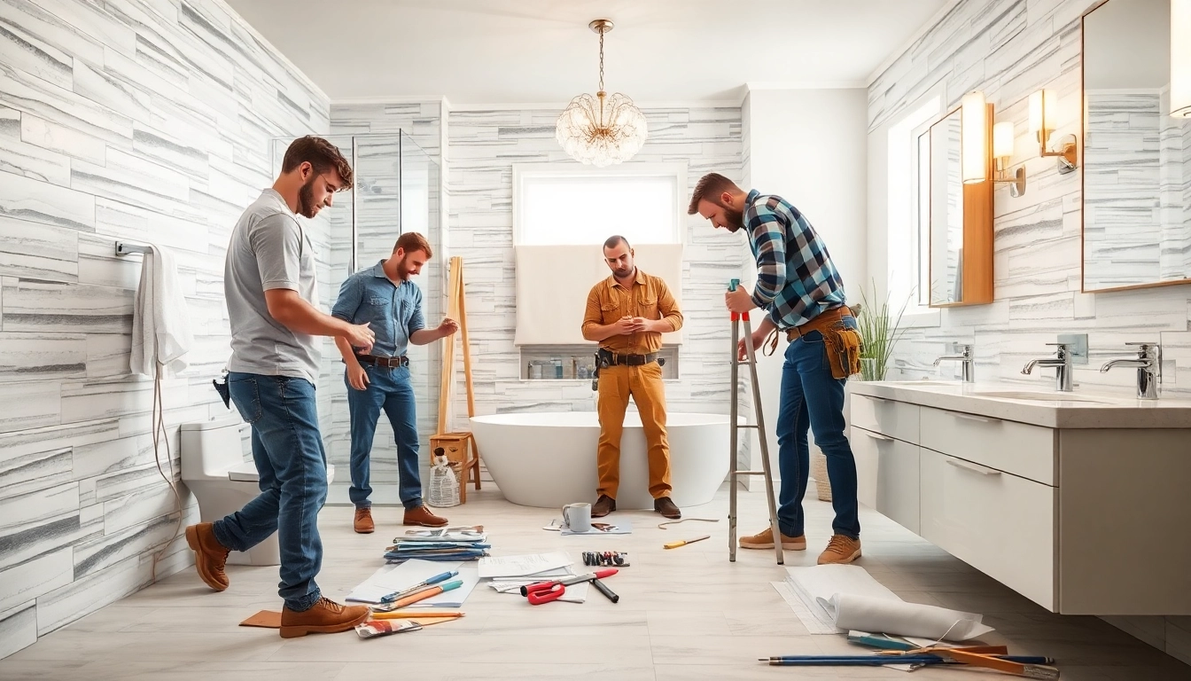 Skilled bathroom contractors near me measuring and installing fixtures in a modern renovation project.
