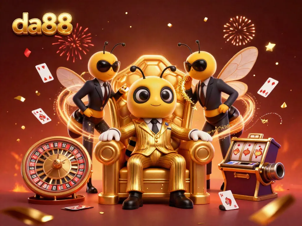 Engage with da88 games through a vibrant 3D casino scene showcasing a bumblebee mob boss with a roulette wheel and playing cards.