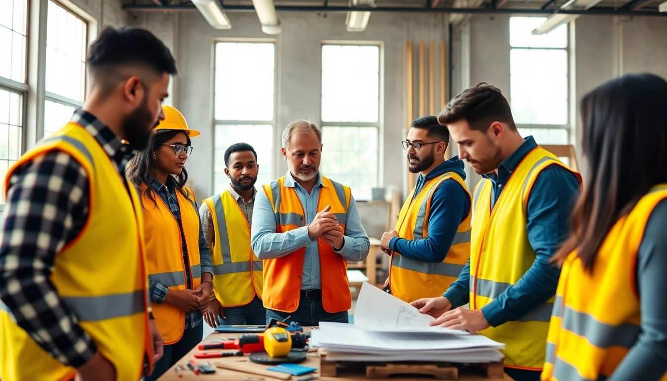 Engaged group in construction training programs learning hands-on techniques in a vibrant workshop.
