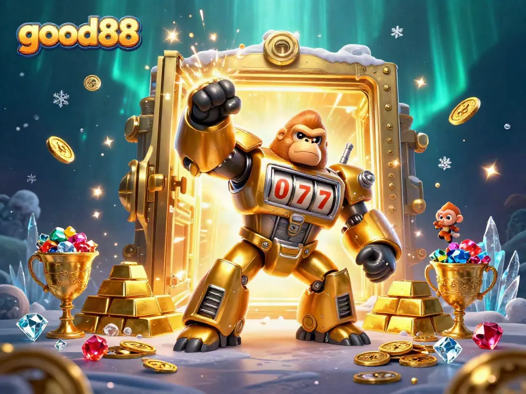 Experience the thrill of good88 casino with a dynamic gorilla mech and treasures bursting out.
