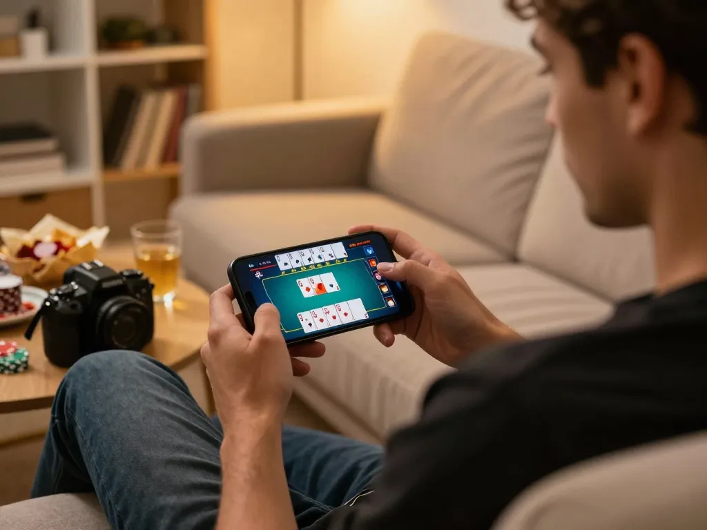 Player engaging with a mobile poker game, showcasing a winning moment that reflects the spirit of vidyasewingmachine