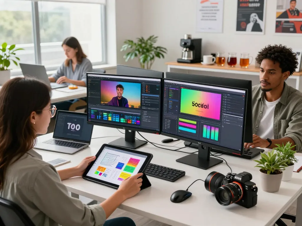 Collaborative workspace scene showcasing video to prompt ai usage by diverse creators in a modern office