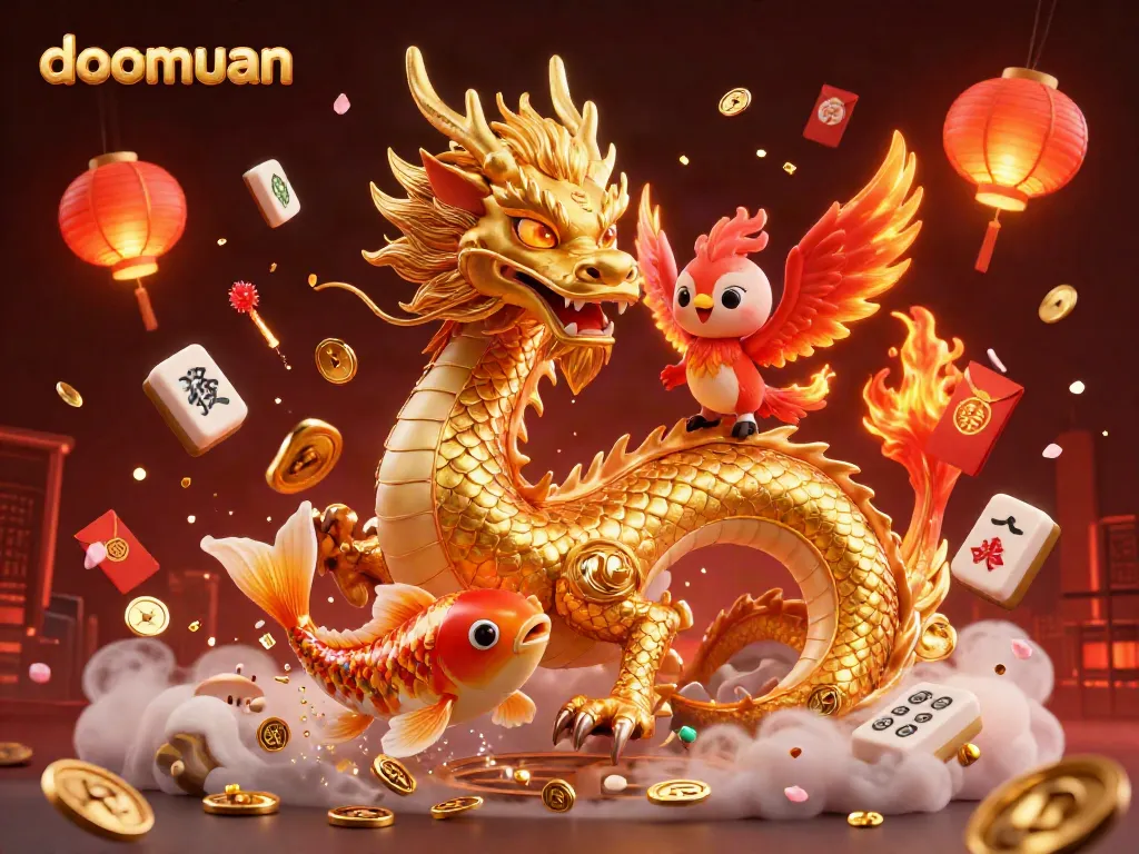 Dive into doomuan's thrilling gaming experience with golden dragons, koi fish, and vibrant casino elements.
