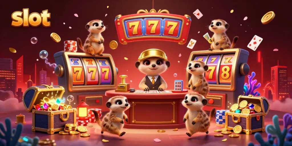 Merayakan slot dengan koloni meerkat yang mengoperasikan kasino dalam suasana ceria dan penuh detail.