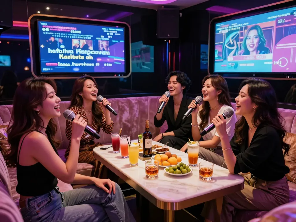 Group enjoying karaoke at https://www.gangnamtune.com, showcasing vibrant nightlife with drinks and singing.