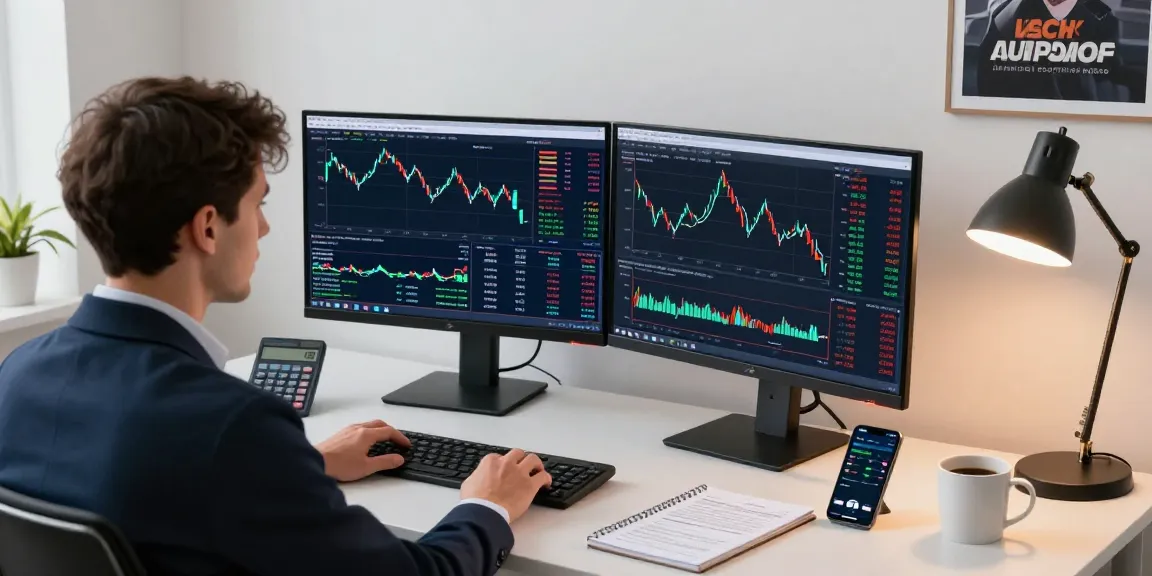 Trader using MetaTrader 4 on dual monitors analyzing forex markets with essential trading tools.