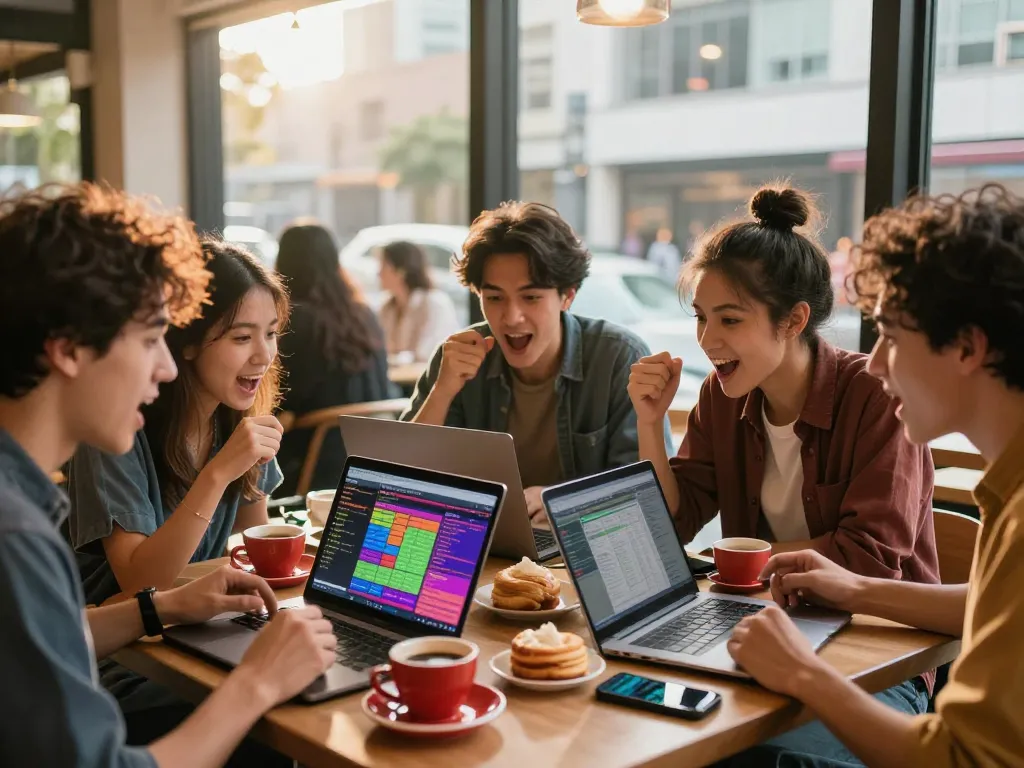 A group of friends discussing Agen Togel at a trendy café, showcasing excitement and community in a vibrant urban setting.