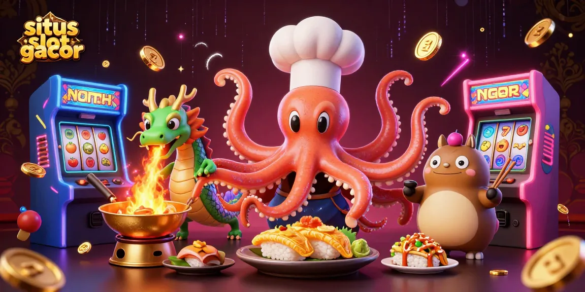 Situs slot gacor scene with a sushi chef octopus, fire-breathing dragon, and tanuki amidst slot reels and coins.