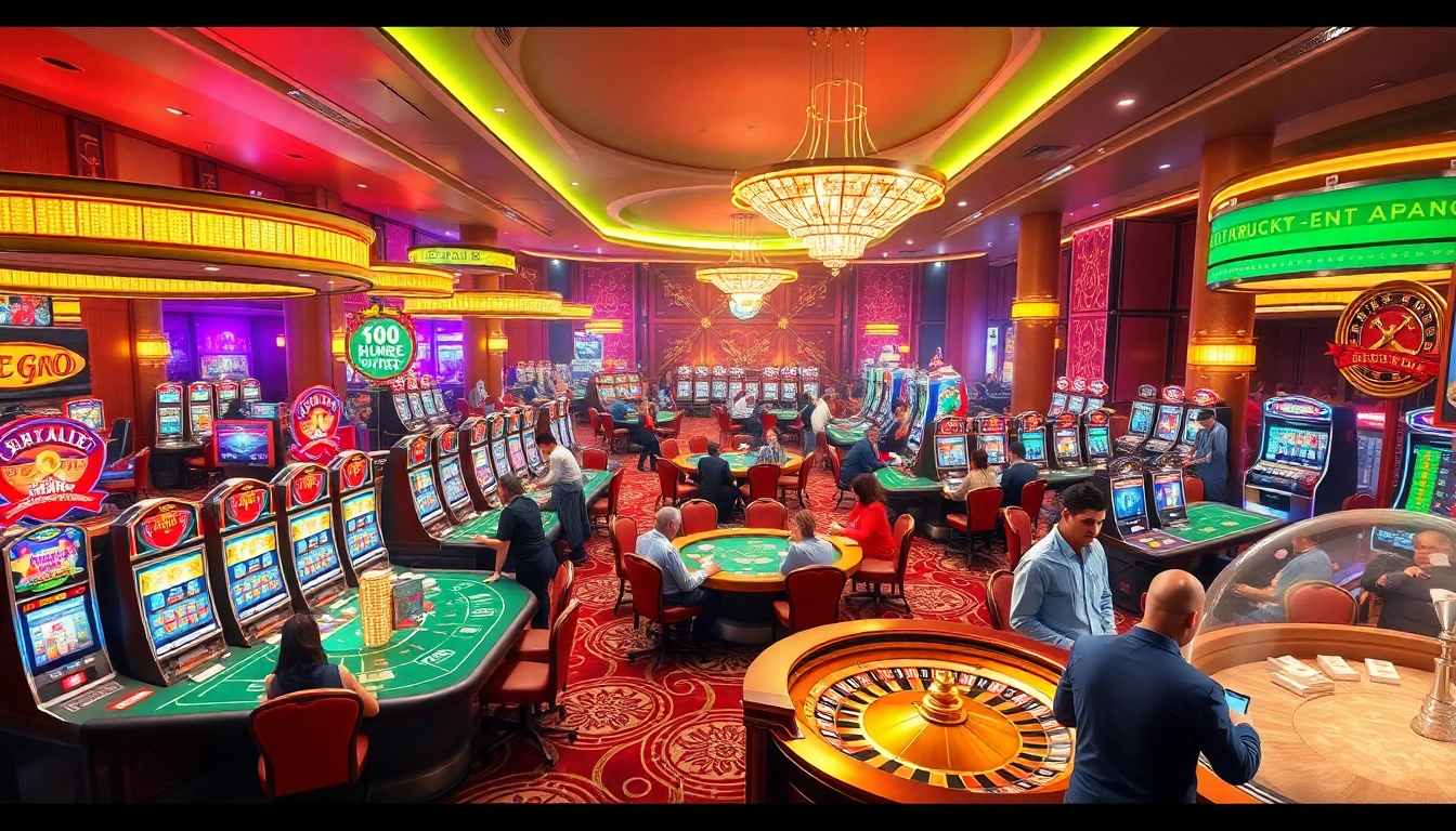 Experience the vibrant gambling world of KJC AC 1 with players enjoying casino tables and slot machines.