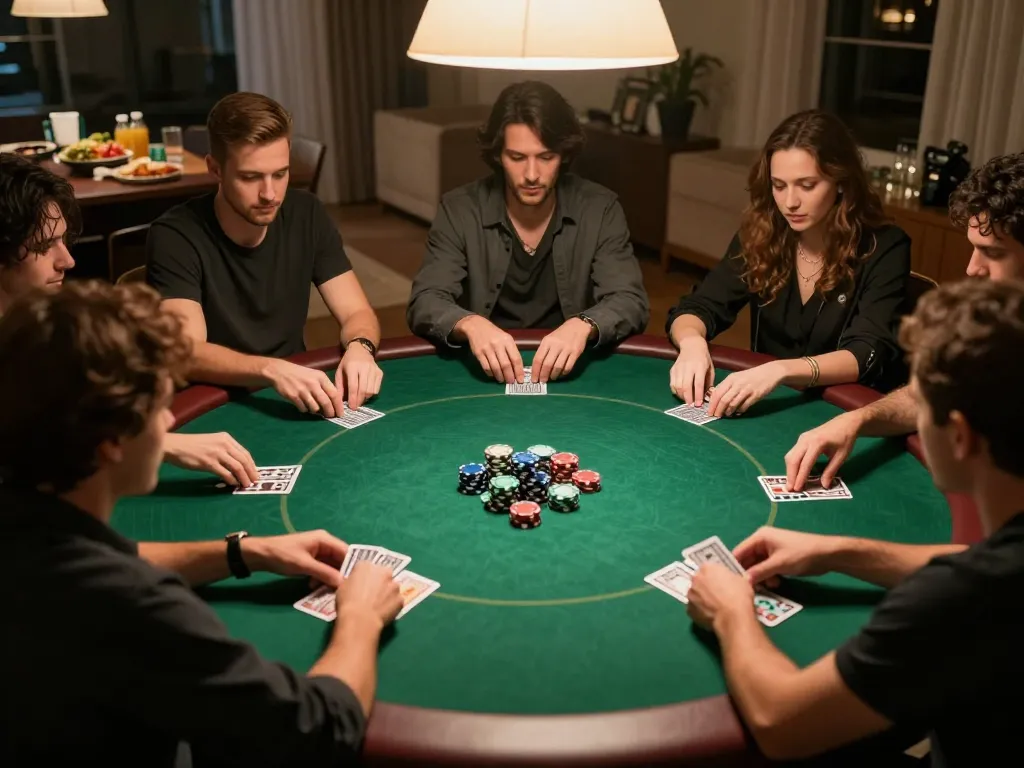 98win poker players engaged in a strategic card game at a private home gathering, showcasing intense gameplay.
