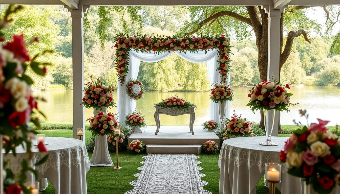 Schöne hochzeit location mit eleganten Blumenarrangements in einer Gartenlandschaft.